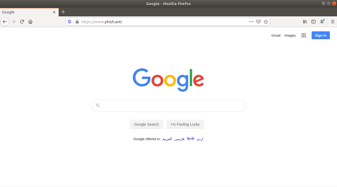 Screenshot of Muraena proxying google.com onto phish.anti using SSL.