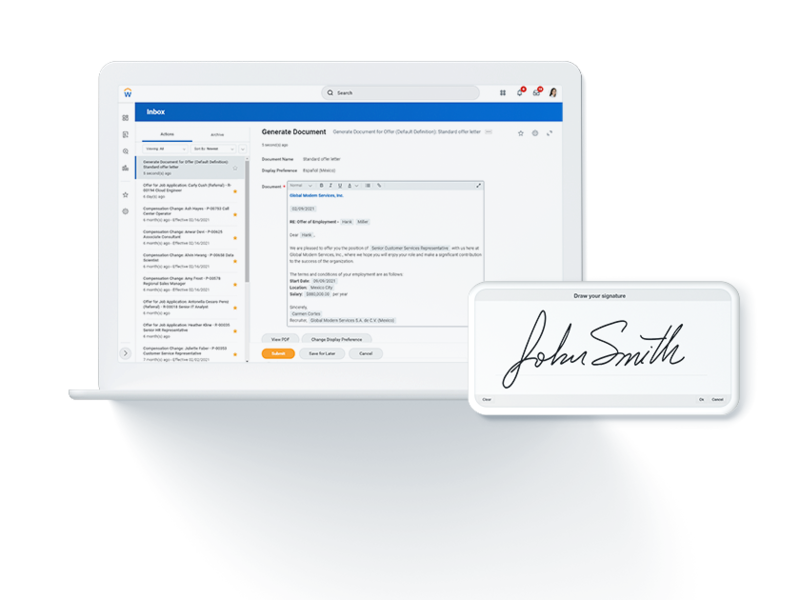 OneSpan Sign for Workday - A notebook with an email inbox open with a mobile device with an esignature in the foreground